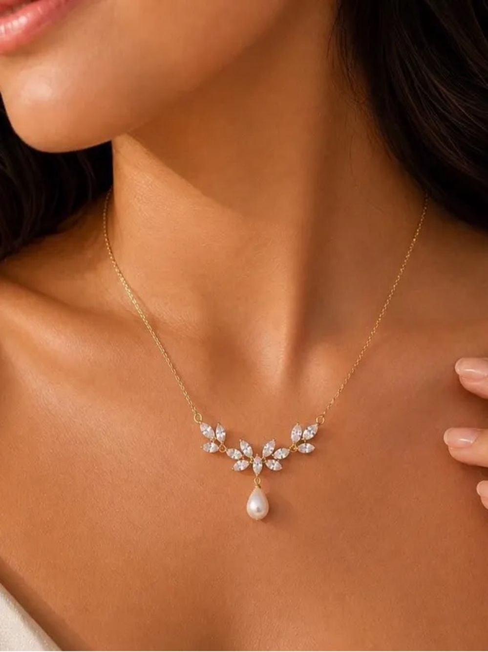 Gold Pearl Bridal Necklace, Freshwater Pearl Wedding Necklace, CZ Leaf Choker